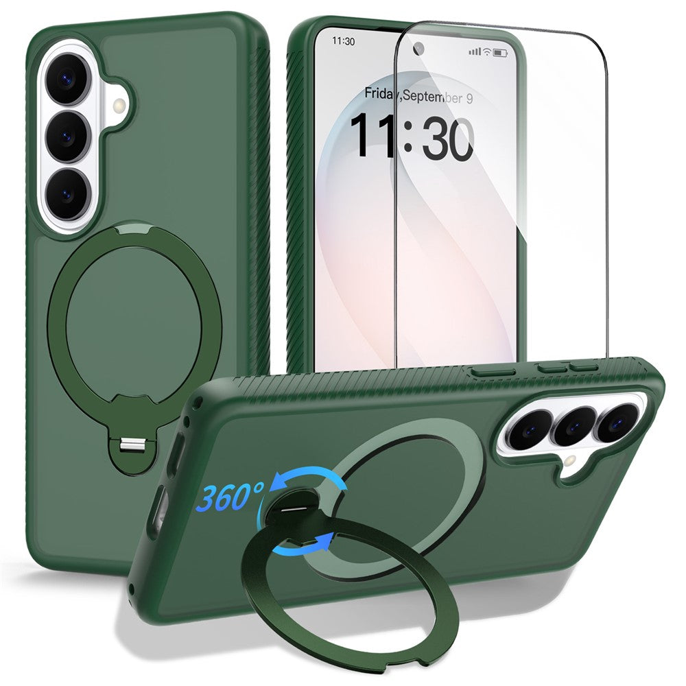For Samsung Galaxy S26 Magnetic Case Matte Liquid Silicone TPU Shockproof Phone Cover with Kickstand and Tempered Glass