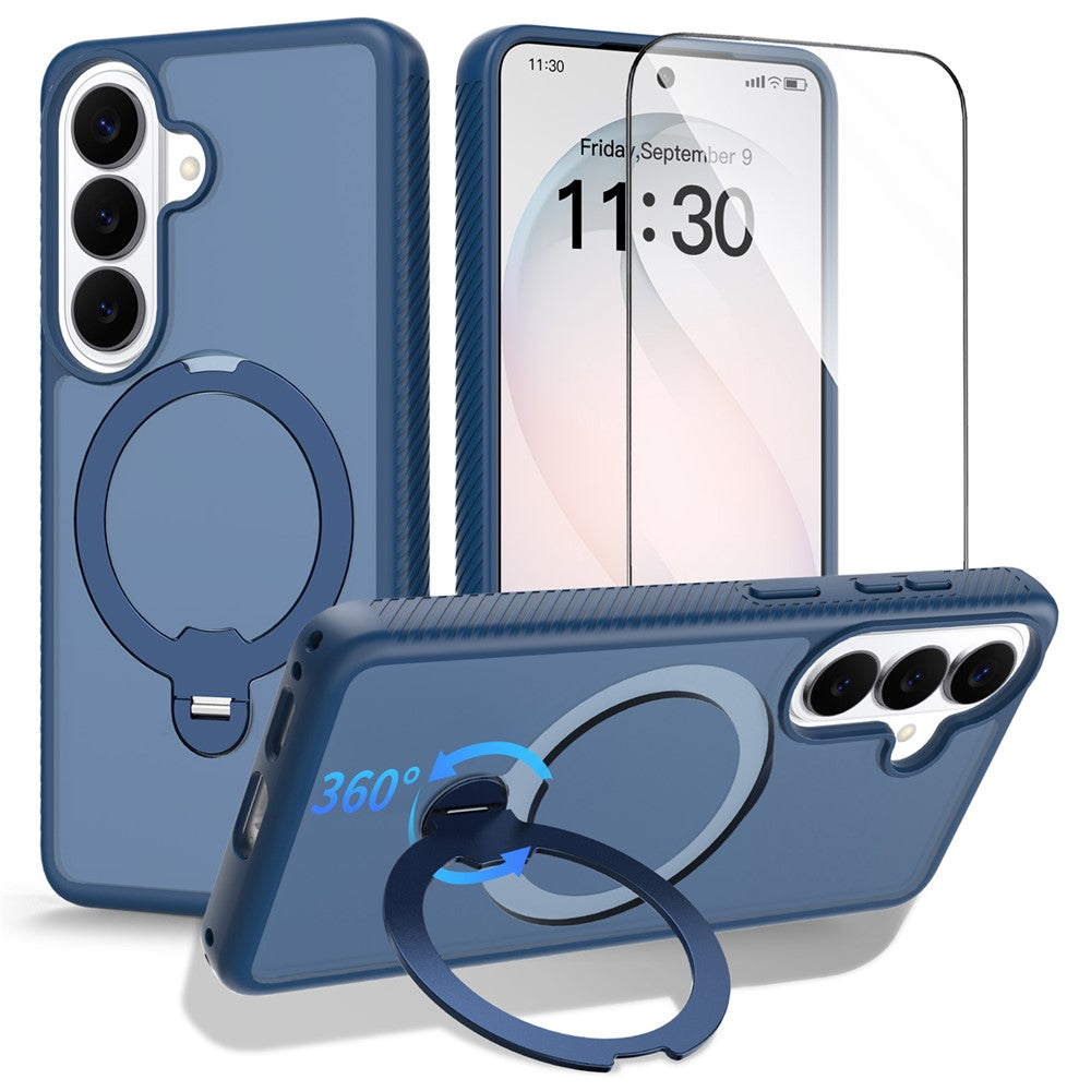 For Samsung Galaxy S26 Magnetic Case Matte Liquid Silicone TPU Shockproof Phone Cover with Kickstand and Tempered Glass