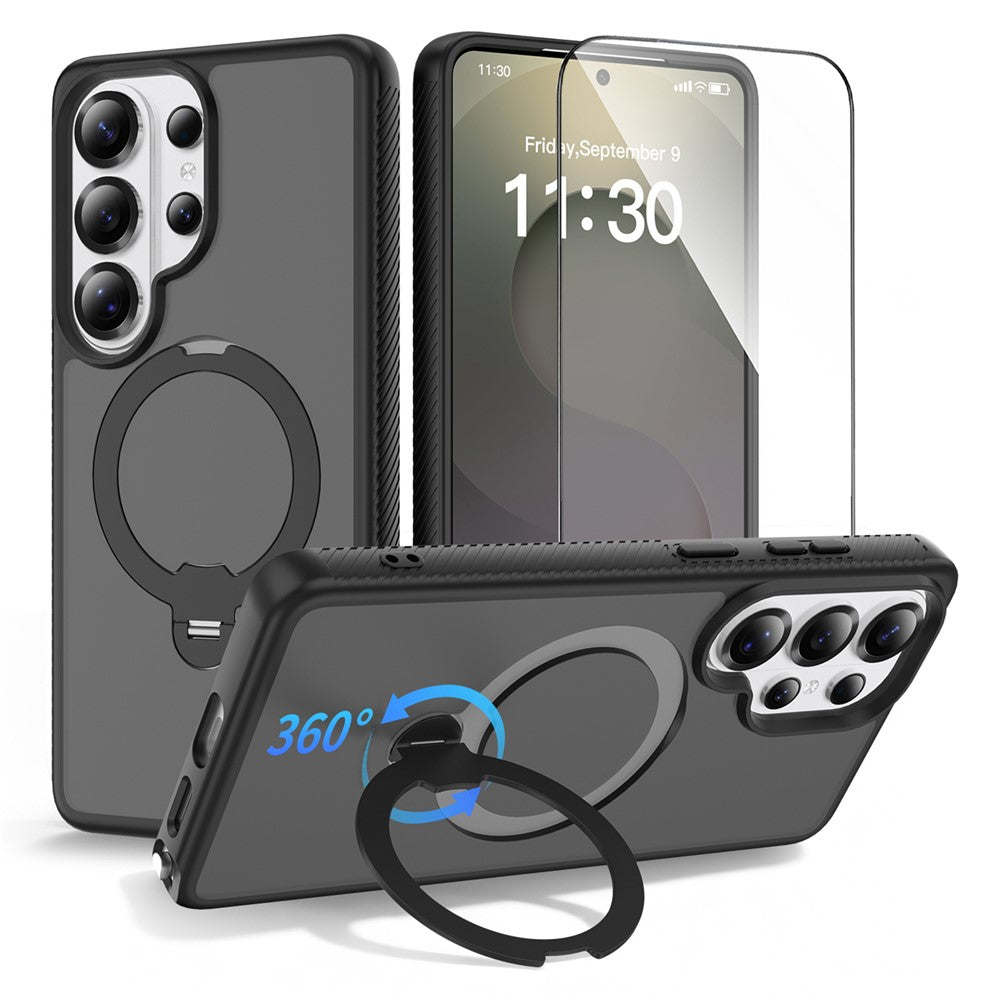 For Samsung Galaxy S26 Ultra Magnetic Case Matte Liquid Silicone TPU Shockproof Phone Cover with Kickstand and Tempered Glass