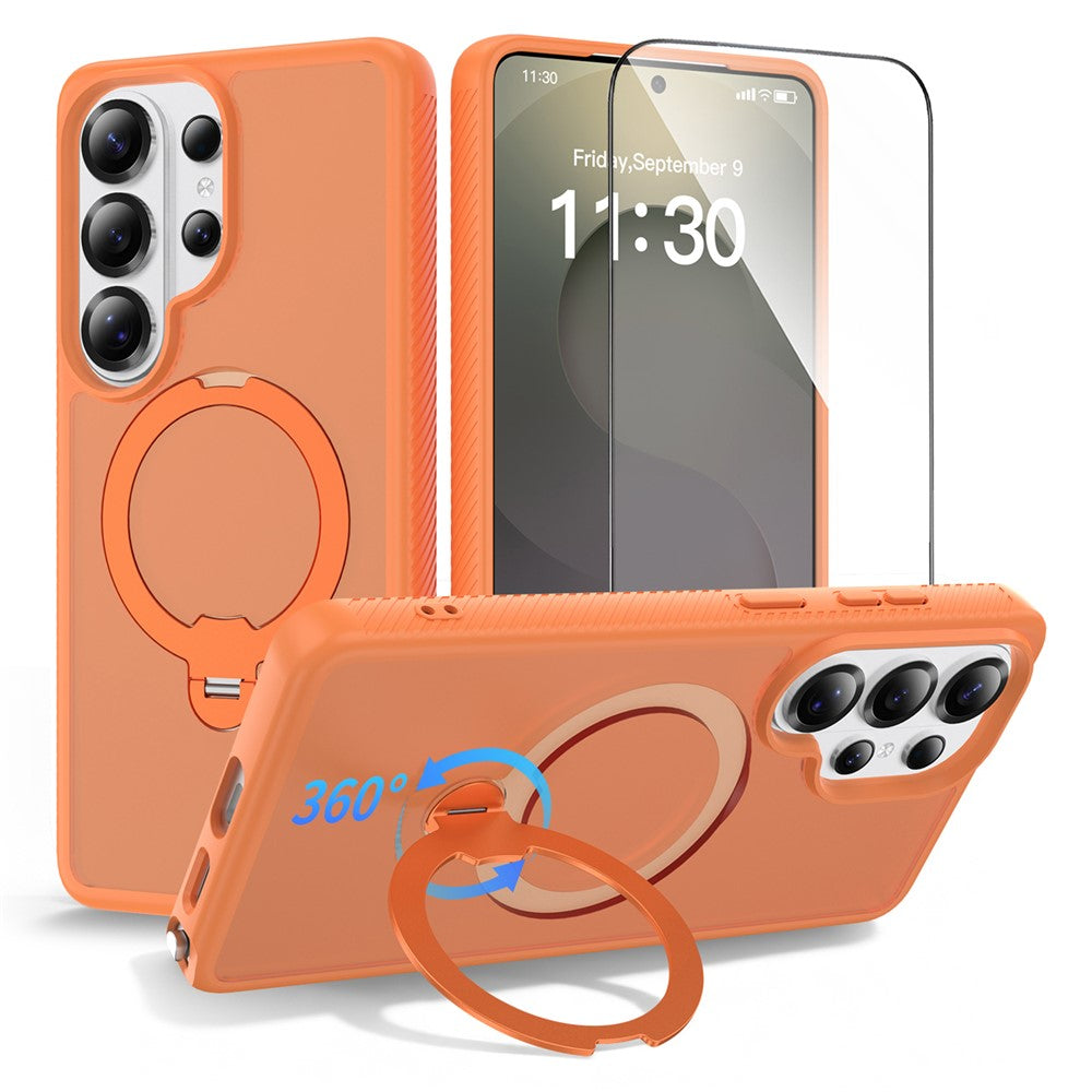 For Samsung Galaxy S26 Ultra Magnetic Case Matte Liquid Silicone TPU Shockproof Phone Cover with Kickstand and Tempered Glass