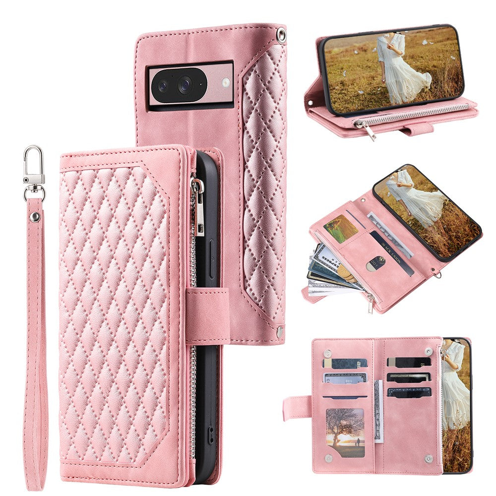 For Google Pixel 11 Wallet Case Rhombus Stitching Line PU Leather Phone Cover with Wrist Strap