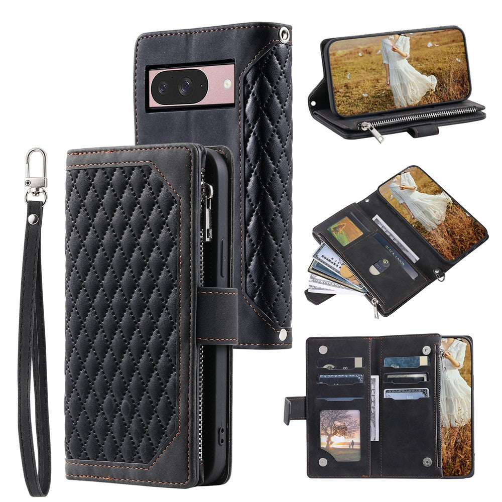 For Google Pixel 11 Wallet Case Rhombus Stitching Line PU Leather Phone Cover with Wrist Strap