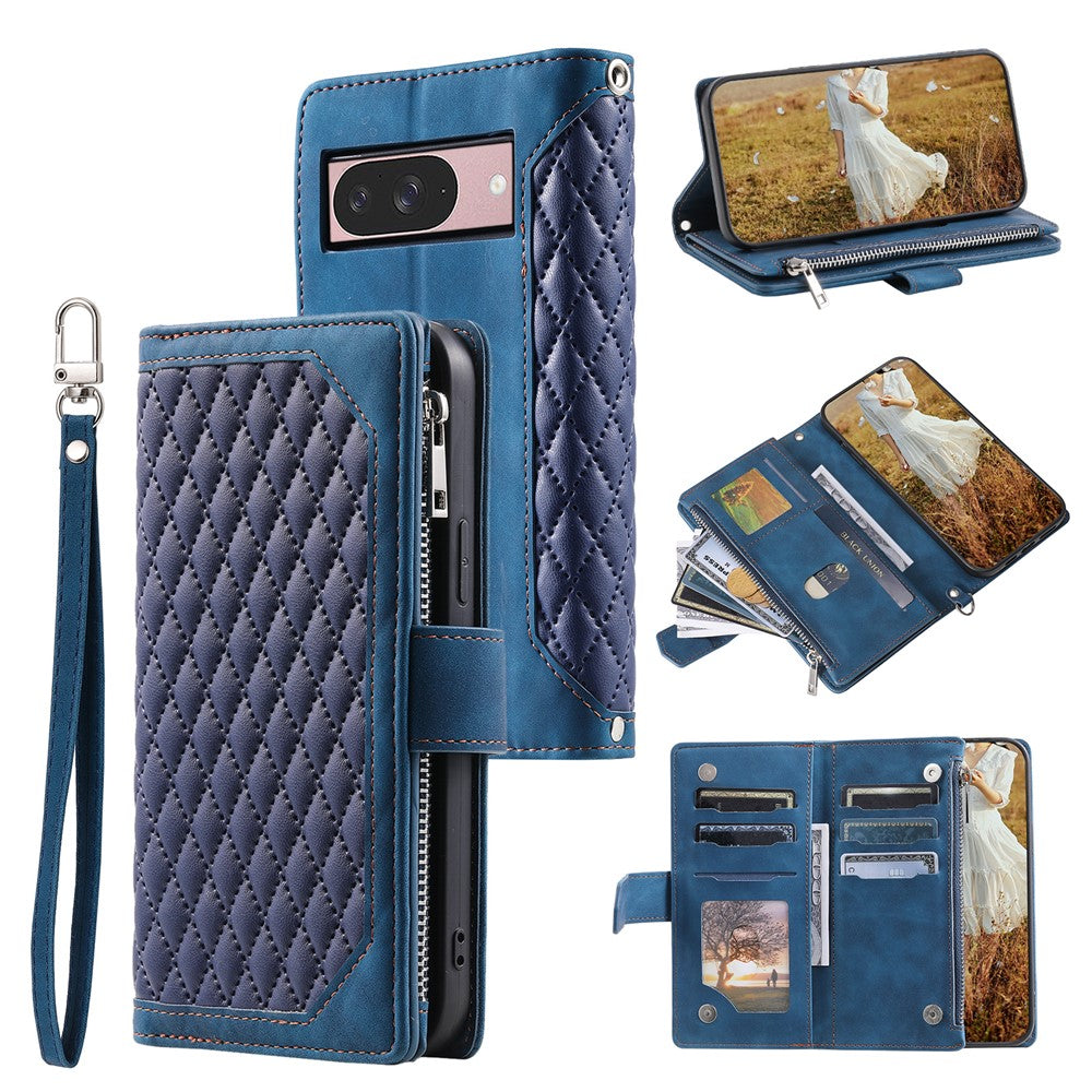 For Google Pixel 11 Wallet Case Rhombus Stitching Line PU Leather Phone Cover with Wrist Strap