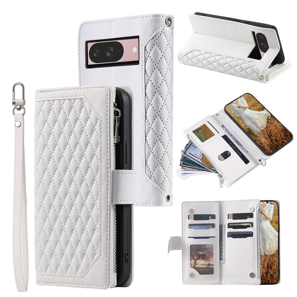 For Google Pixel 11 Wallet Case Rhombus Stitching Line PU Leather Phone Cover with Wrist Strap
