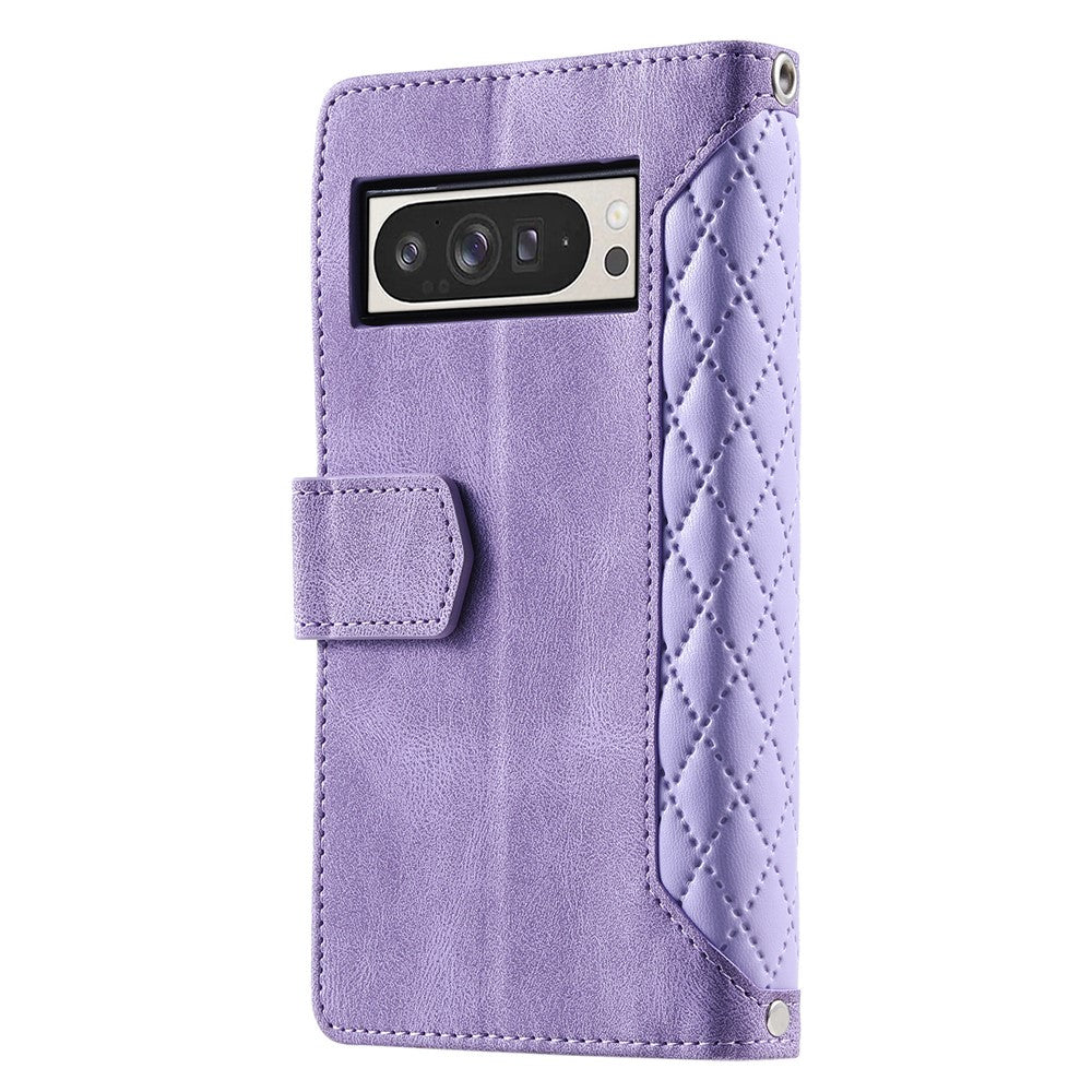 For Google Pixel 11 Pro XL Wallet Case Rhombus Stitching Line PU Leather Phone Cover with Wrist Strap