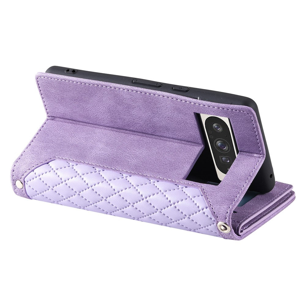 For Google Pixel 11 Pro XL Wallet Case Rhombus Stitching Line PU Leather Phone Cover with Wrist Strap
