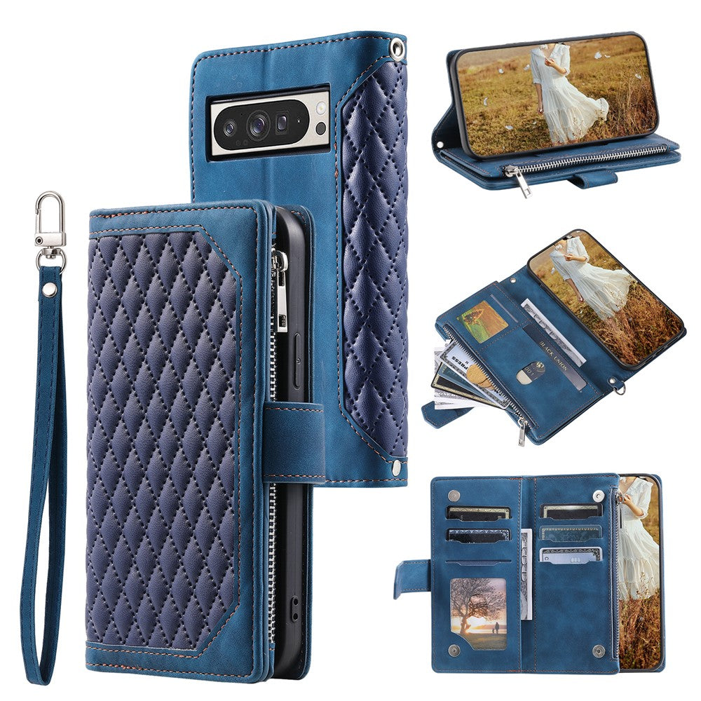 For Google Pixel 11 Pro XL Wallet Case Rhombus Stitching Line PU Leather Phone Cover with Wrist Strap