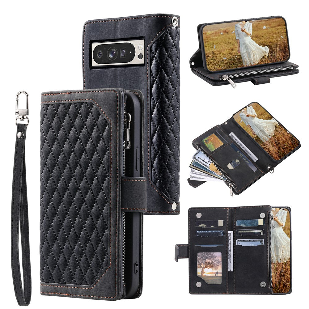 For Google Pixel 11 Pro XL Wallet Case Rhombus Stitching Line PU Leather Phone Cover with Wrist Strap