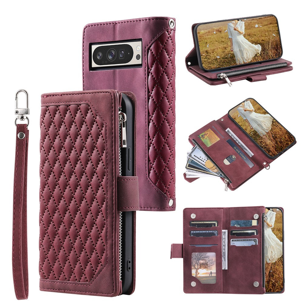 For Google Pixel 11 Pro XL Wallet Case Rhombus Stitching Line PU Leather Phone Cover with Wrist Strap