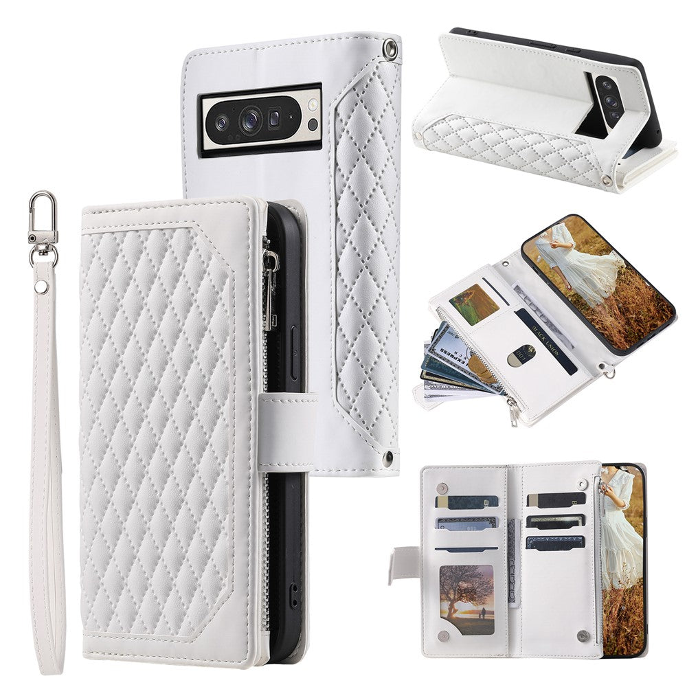 For Google Pixel 11 Pro XL Wallet Case Rhombus Stitching Line PU Leather Phone Cover with Wrist Strap