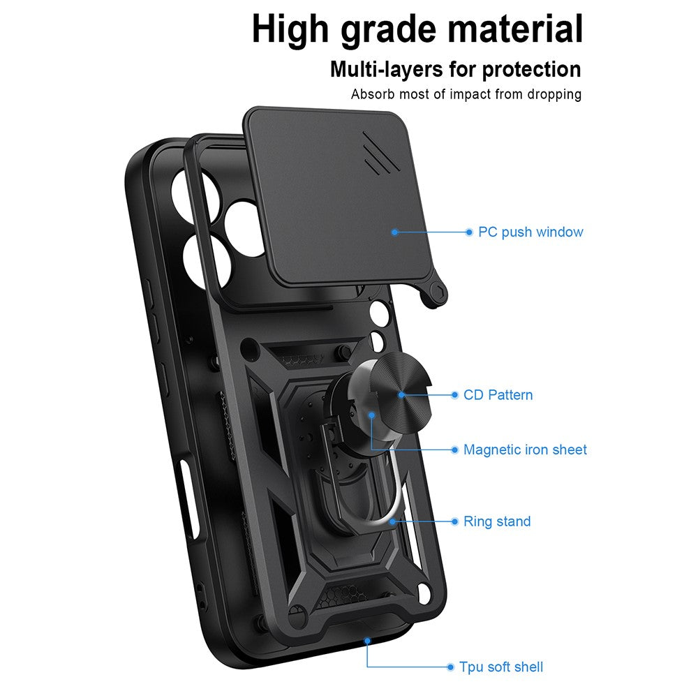 For Honor 600 Lite 5G Case with Slide Camera Lid PC + TPU Kickstand Phone Cover