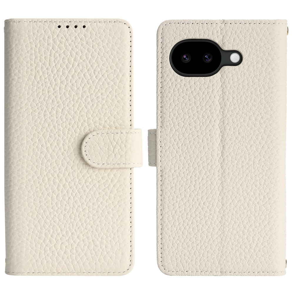 For Google Pixel 10a Stand Case Litchi Texture Genuine Cow Leather Wallet Phone Cover RFID Blocking