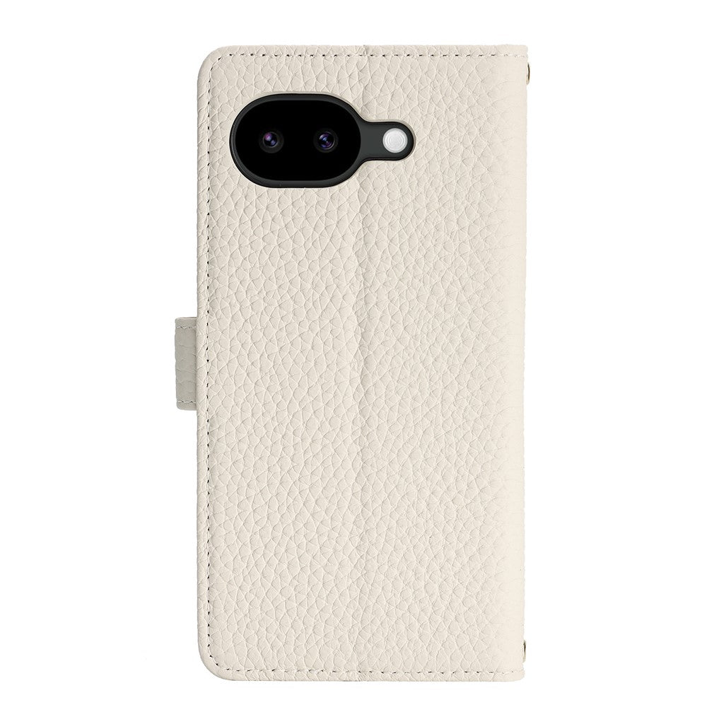 For Google Pixel 10a Stand Case Litchi Texture Genuine Cow Leather Wallet Phone Cover RFID Blocking