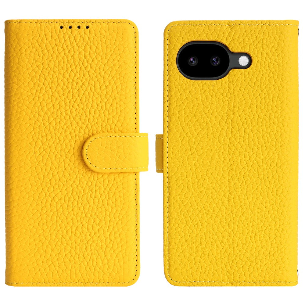 For Google Pixel 10a Stand Case Litchi Texture Genuine Cow Leather Wallet Phone Cover RFID Blocking