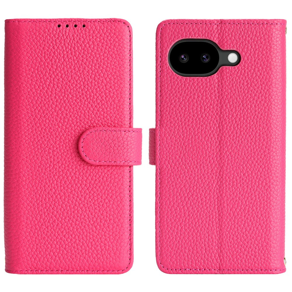 For Google Pixel 10a Stand Case Litchi Texture Genuine Cow Leather Wallet Phone Cover RFID Blocking