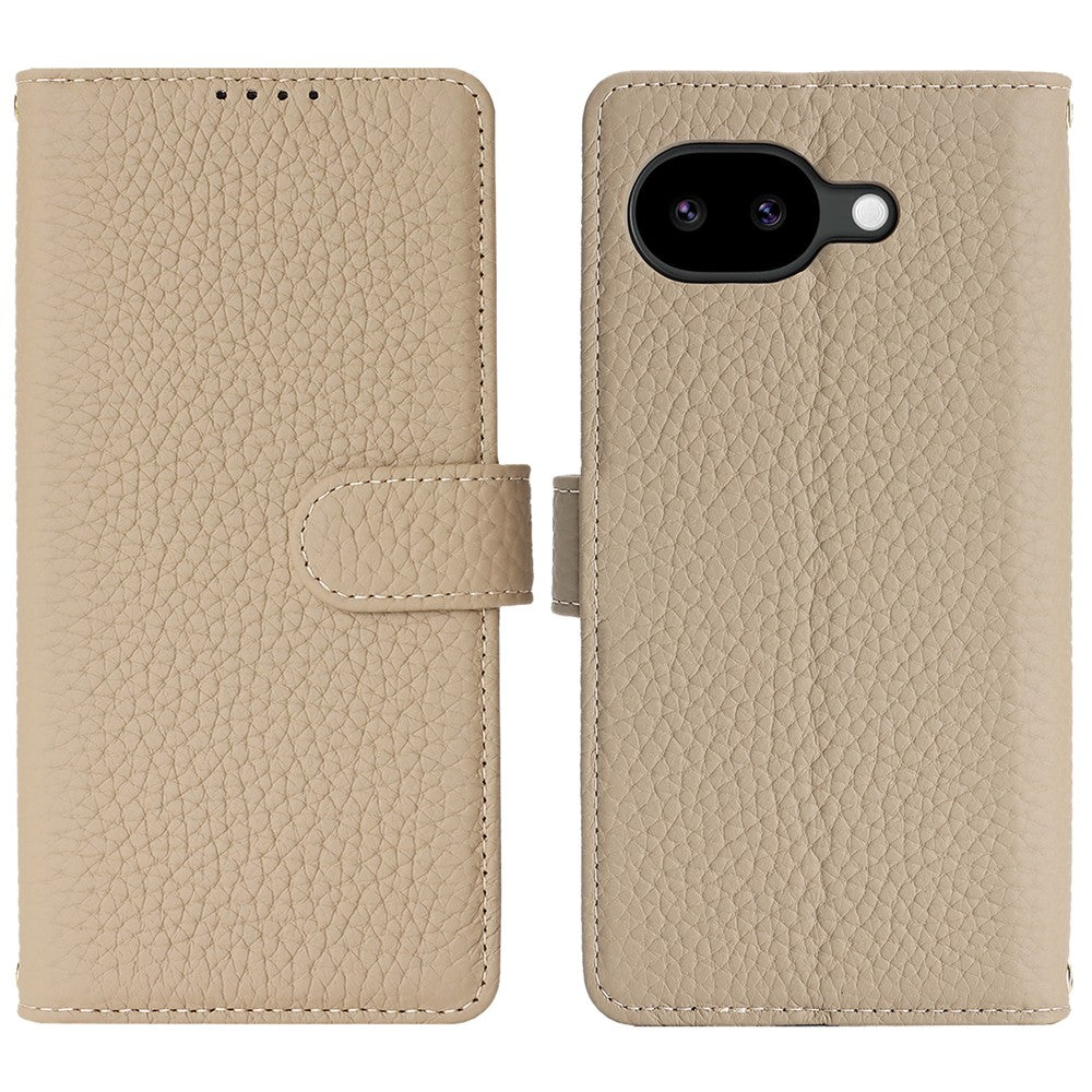 For Google Pixel 10a Stand Case Litchi Texture Genuine Cow Leather Wallet Phone Cover RFID Blocking