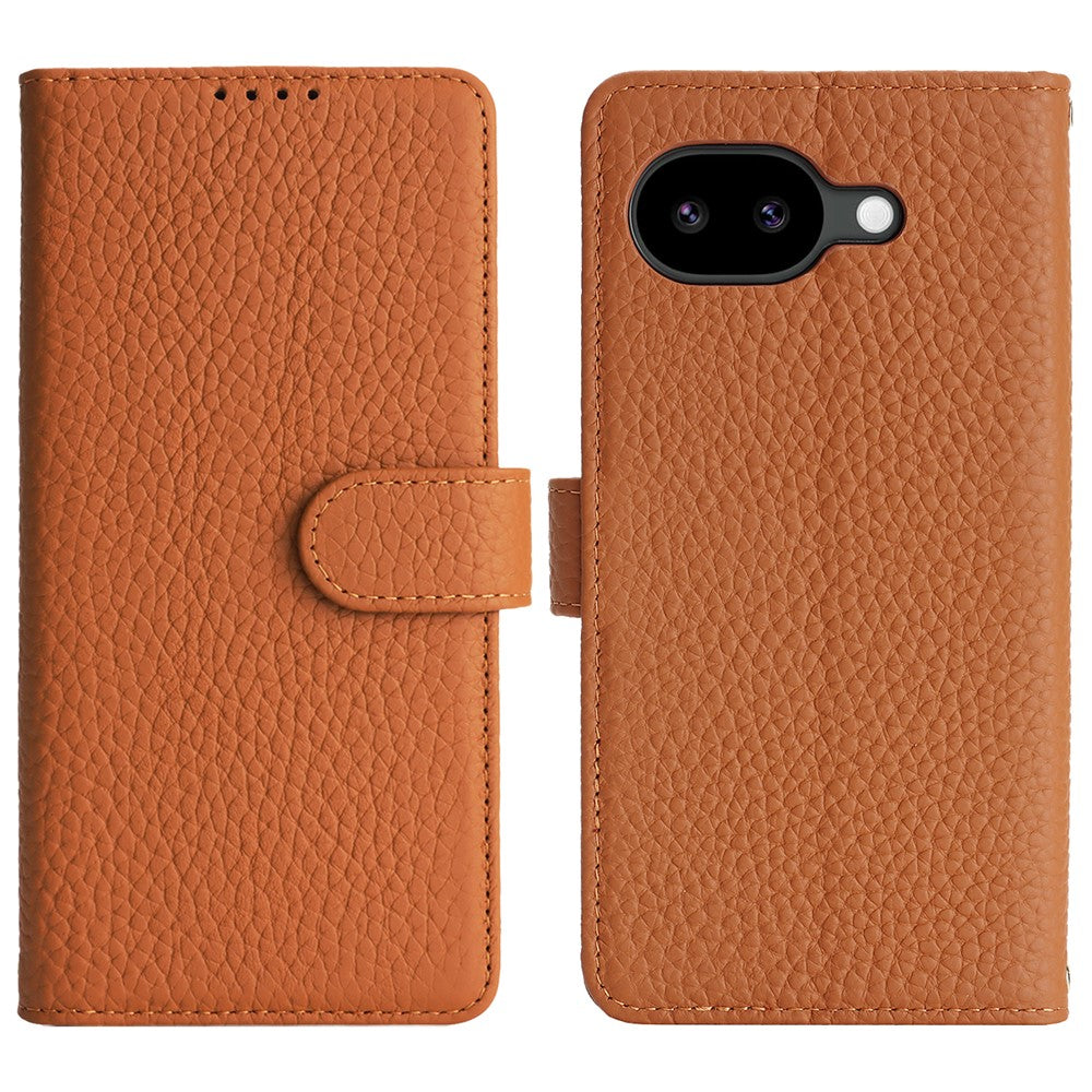 For Google Pixel 10a Stand Case Litchi Texture Genuine Cow Leather Wallet Phone Cover RFID Blocking
