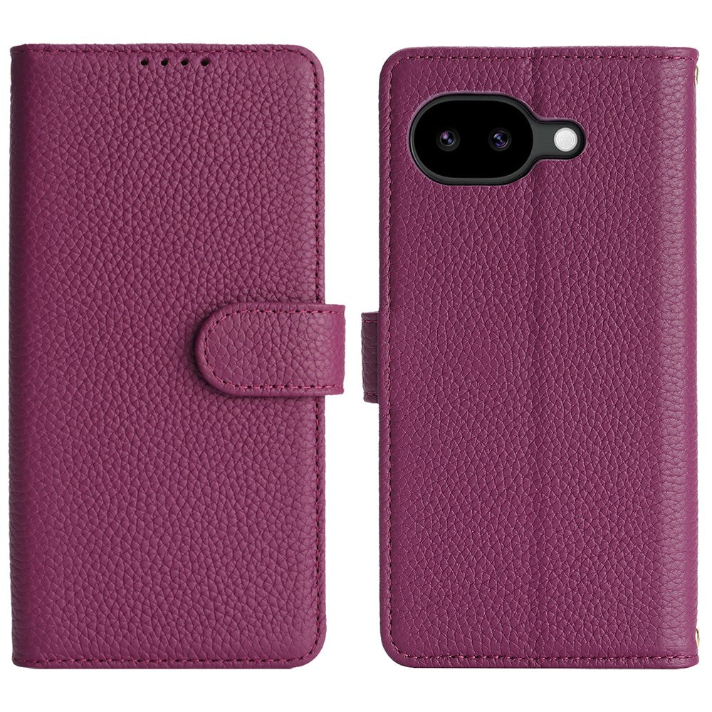 For Google Pixel 10a Stand Case Litchi Texture Genuine Cow Leather Wallet Phone Cover RFID Blocking