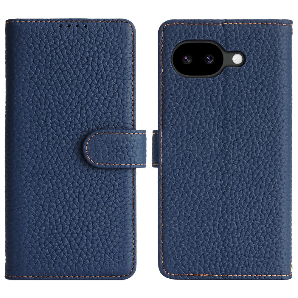 For Google Pixel 10a Stand Case Litchi Texture Genuine Cow Leather Wallet Phone Cover RFID Blocking