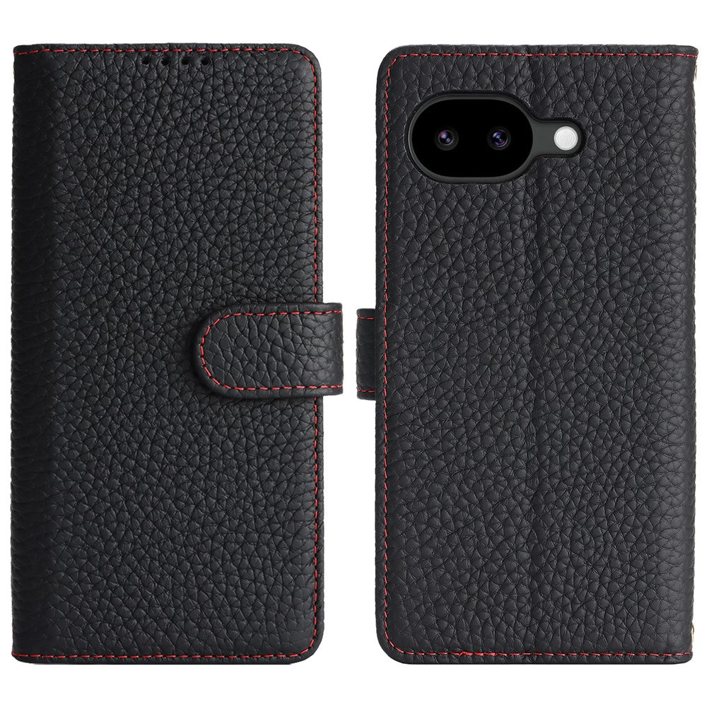 For Google Pixel 10a Stand Case Litchi Texture Genuine Cow Leather Wallet Phone Cover RFID Blocking