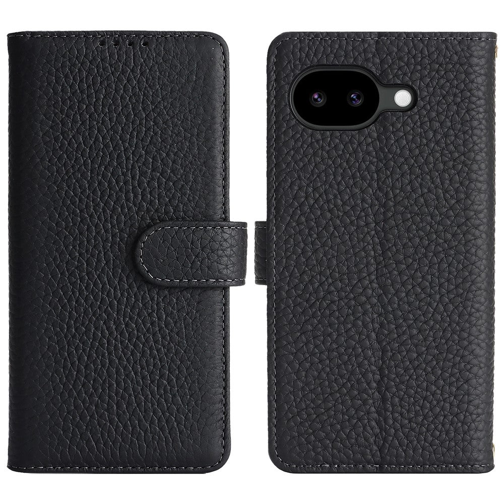 For Google Pixel 10a Stand Case Litchi Texture Genuine Cow Leather Wallet Phone Cover RFID Blocking