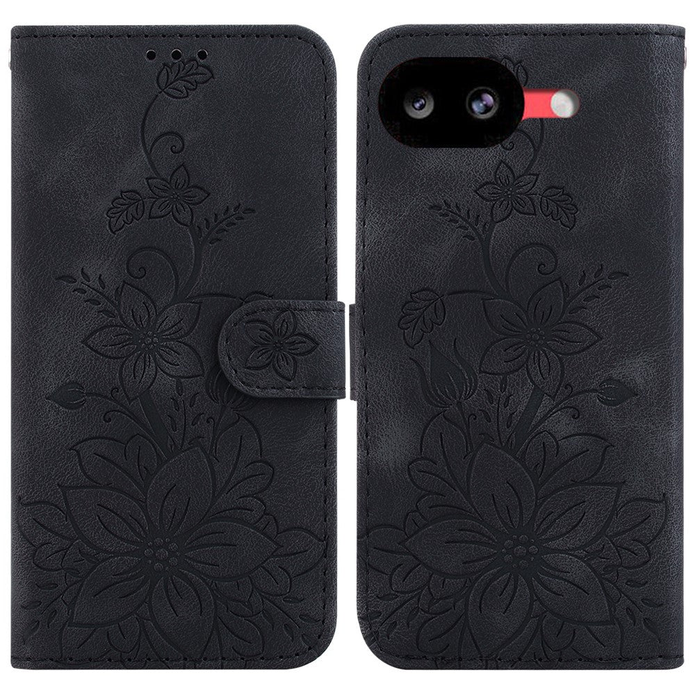 For Google Pixel 10a Stand Case Lily Flower Imprint Leather Phone Cover with Wrist Strap