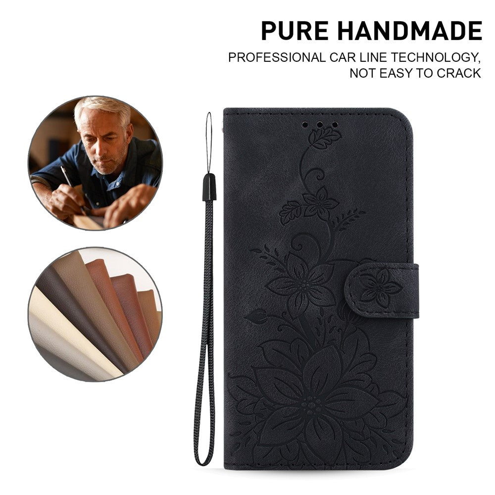 For Google Pixel 10a Stand Case Lily Flower Imprint Leather Phone Cover with Wrist Strap