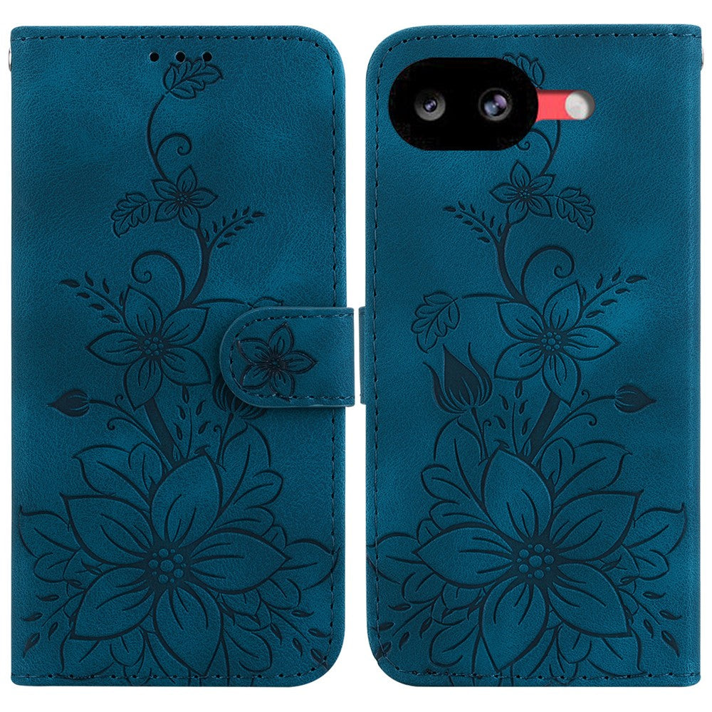 For Google Pixel 10a Stand Case Lily Flower Imprint Leather Phone Cover with Wrist Strap