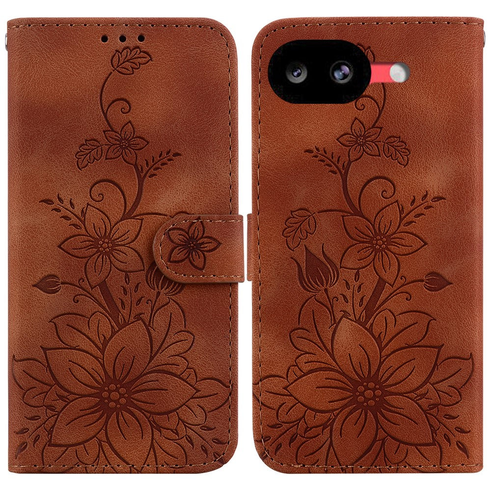 For Google Pixel 10a Stand Case Lily Flower Imprint Leather Phone Cover with Wrist Strap