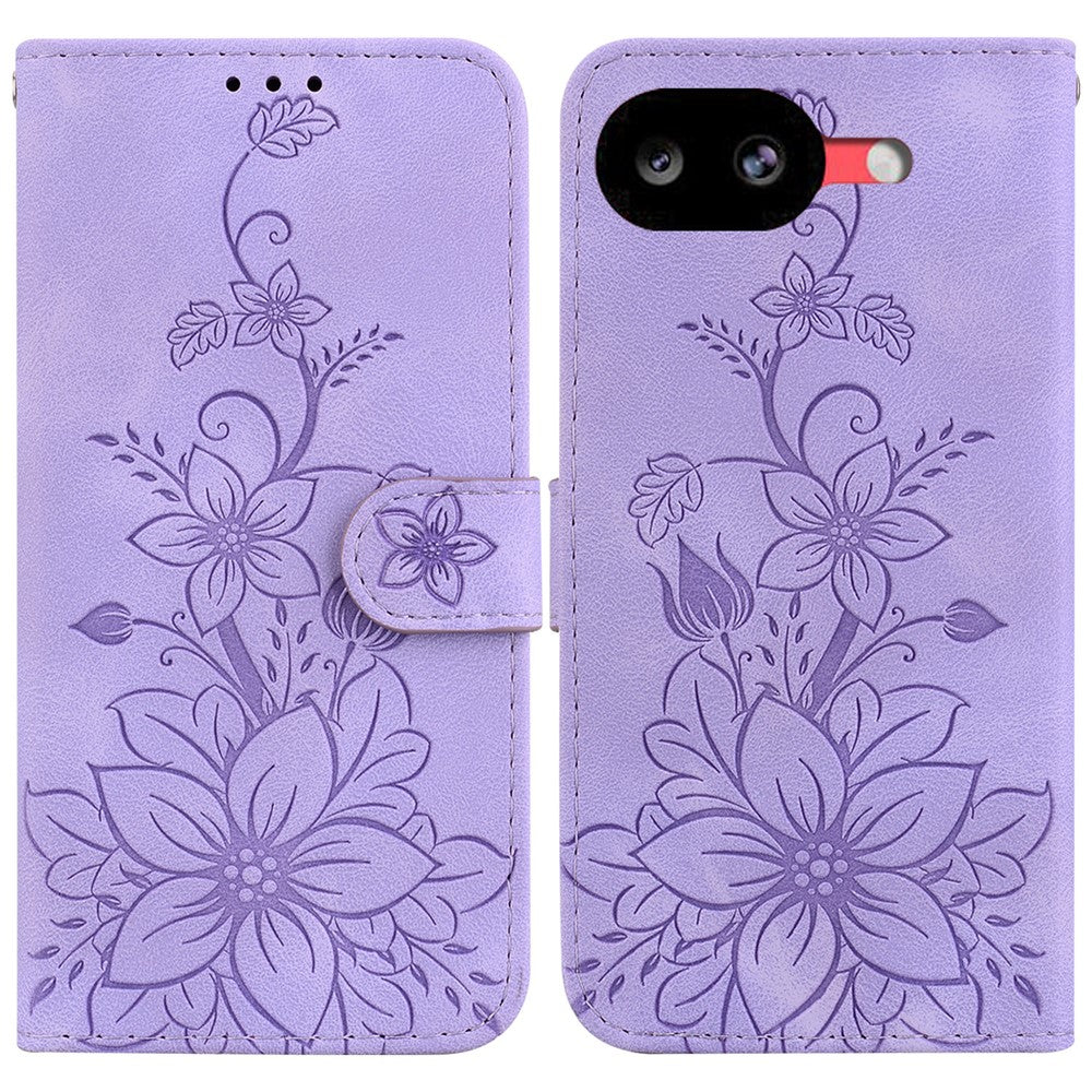 For Google Pixel 10a Stand Case Lily Flower Imprint Leather Phone Cover with Wrist Strap