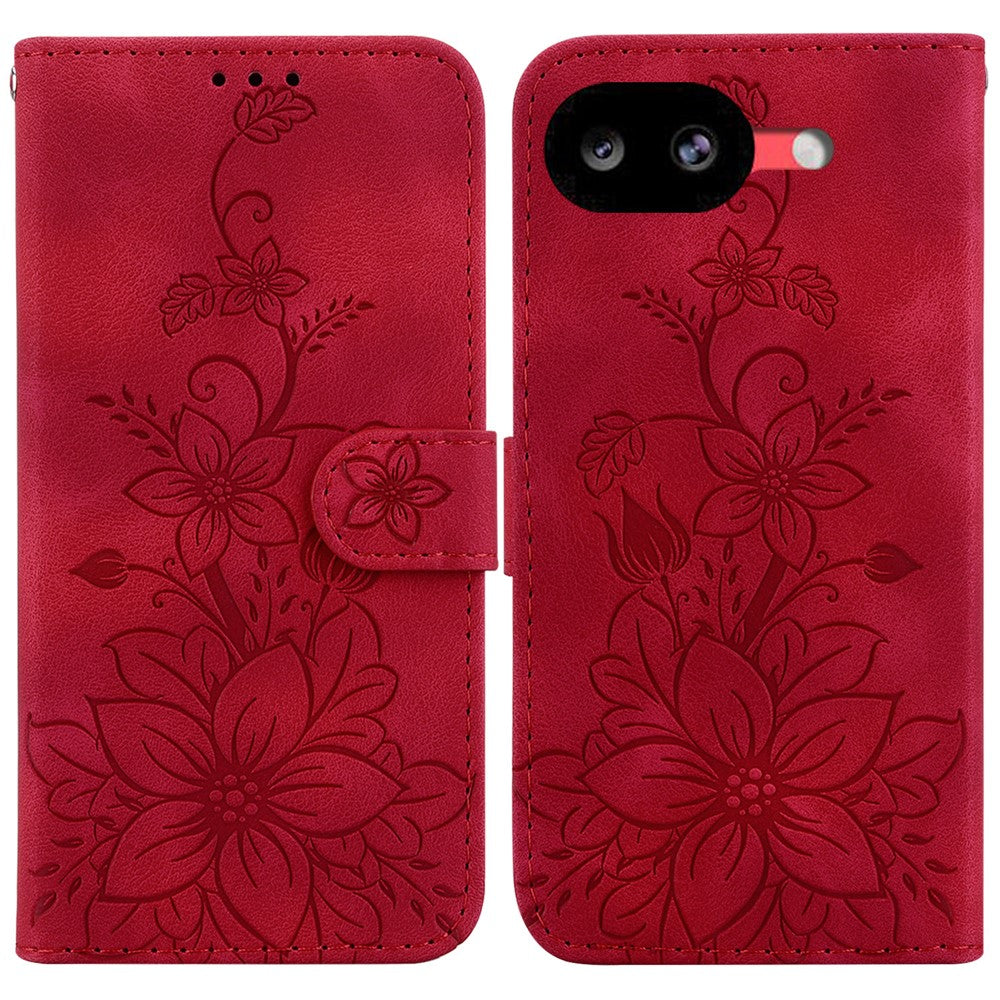For Google Pixel 10a Stand Case Lily Flower Imprint Leather Phone Cover with Wrist Strap