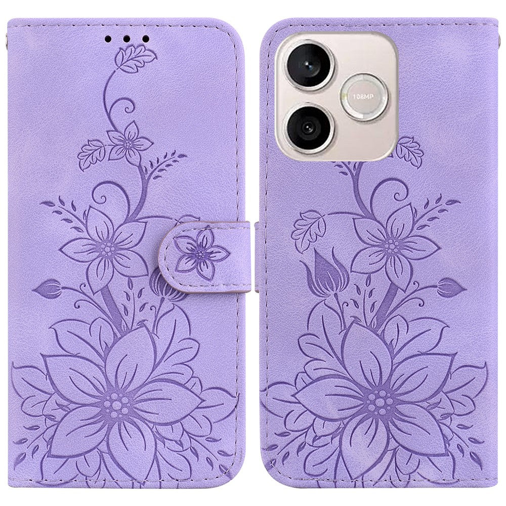For Honor 600 Lite 5G Stand Case Lily Flower Imprint Leather Phone Cover with Wrist Strap
