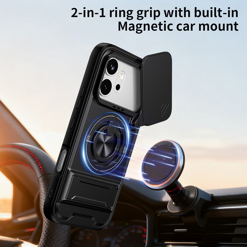 For Honor 600 Pro 5G / 600 5G Magnetic Case Ring Holder Foldable Kickstand TPU PC Phone Cover with Camera Lens Slider