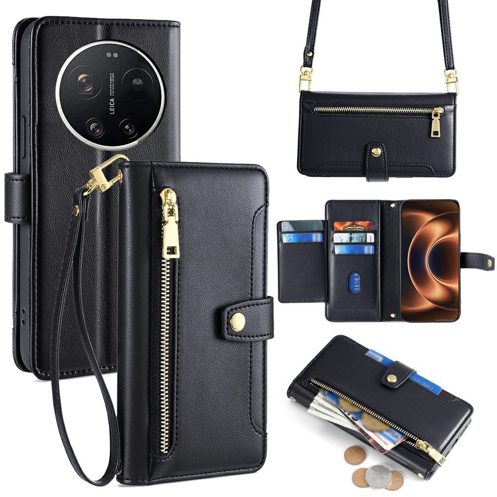 For Xiaomi 17 Ultra 5G Leather Case Zipper Pocket Wallet Phone Cover with 2 Straps
