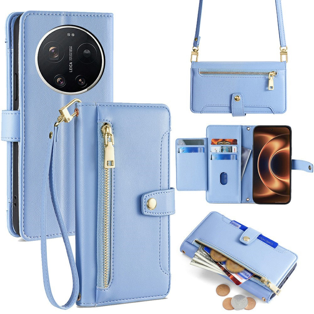 For Xiaomi 17 Ultra 5G Leather Case Zipper Pocket Wallet Phone Cover with 2 Straps