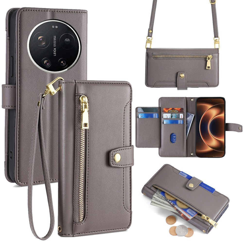 For Xiaomi 17 Ultra 5G Leather Case Zipper Pocket Wallet Phone Cover with 2 Straps