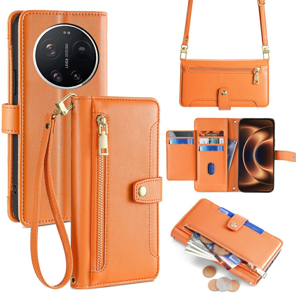 For Xiaomi 17 Ultra 5G Leather Case Zipper Pocket Wallet Phone Cover with 2 Straps