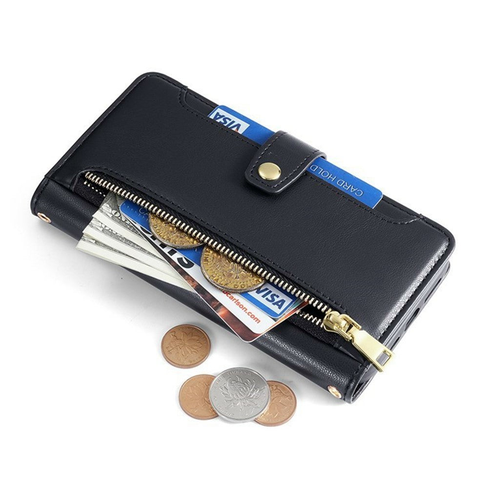 For Honor X8d 4G Leather Case Zipper Pocket Wallet Phone Cover with 2 Straps