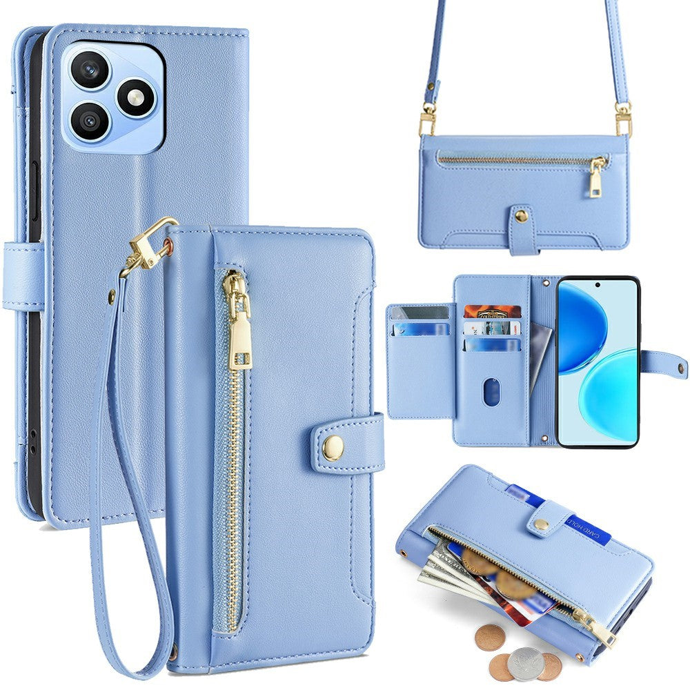For Honor X8d 4G Leather Case Zipper Pocket Wallet Phone Cover with 2 Straps