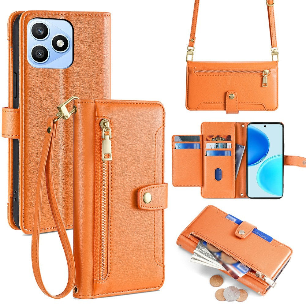 For Honor X8d 4G Leather Case Zipper Pocket Wallet Phone Cover with 2 Straps