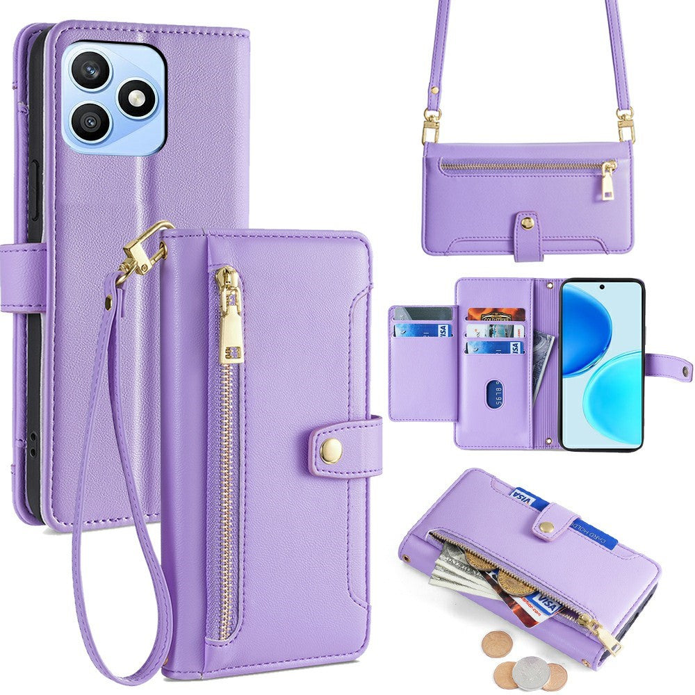 For Honor X8d 4G Leather Case Zipper Pocket Wallet Phone Cover with 2 Straps