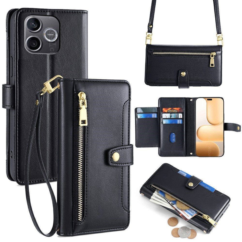 For Honor 600 Lite 5G Leather Case Zipper Pocket Wallet Phone Cover with 2 Straps