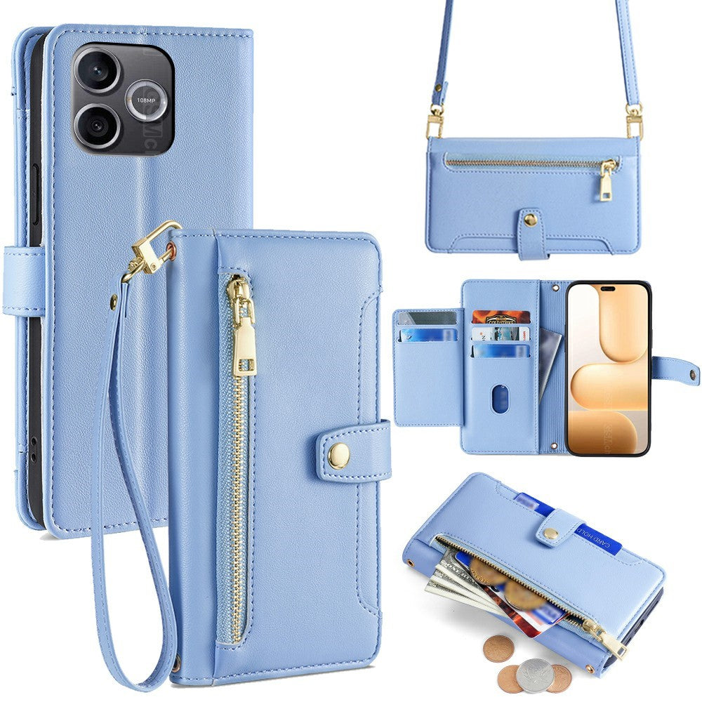For Honor 600 Lite 5G Leather Case Zipper Pocket Wallet Phone Cover with 2 Straps