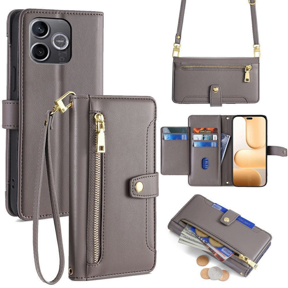 For Honor 600 Lite 5G Leather Case Zipper Pocket Wallet Phone Cover with 2 Straps