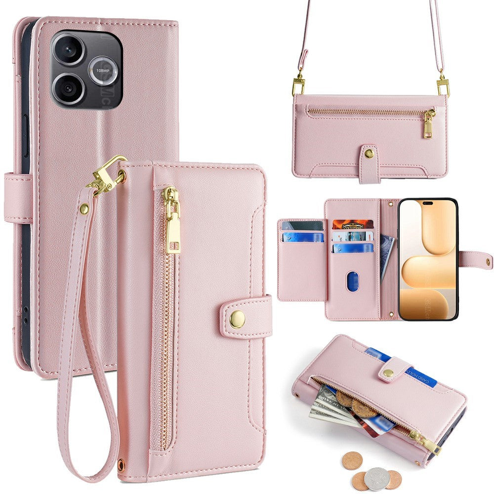For Honor 600 Lite 5G Leather Case Zipper Pocket Wallet Phone Cover with 2 Straps