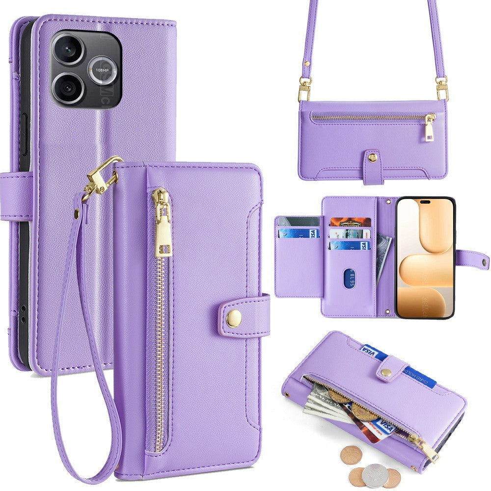For Honor 600 Lite 5G Leather Case Zipper Pocket Wallet Phone Cover with 2 Straps
