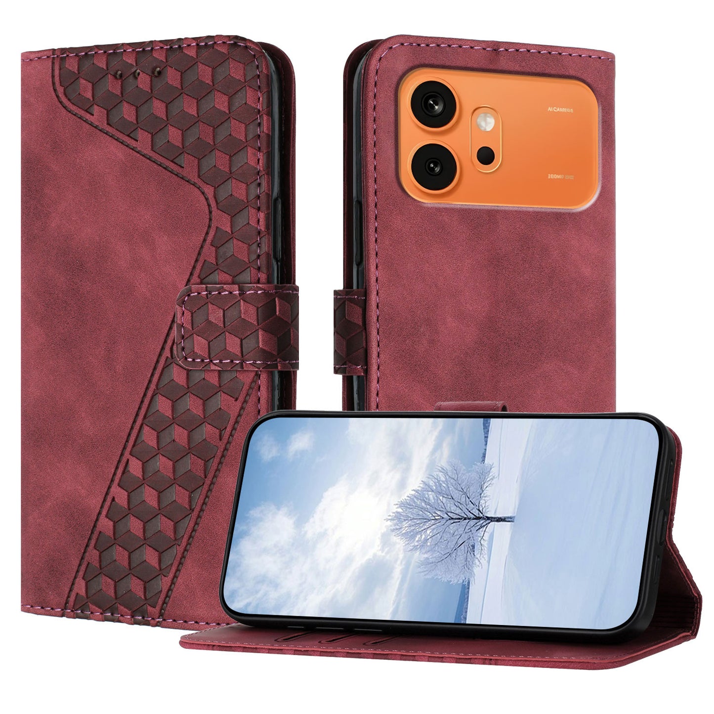 For Honor 600 5G Leather Case 7-Shaped Pattern Wallet Stand Shockproof Phone Cover
