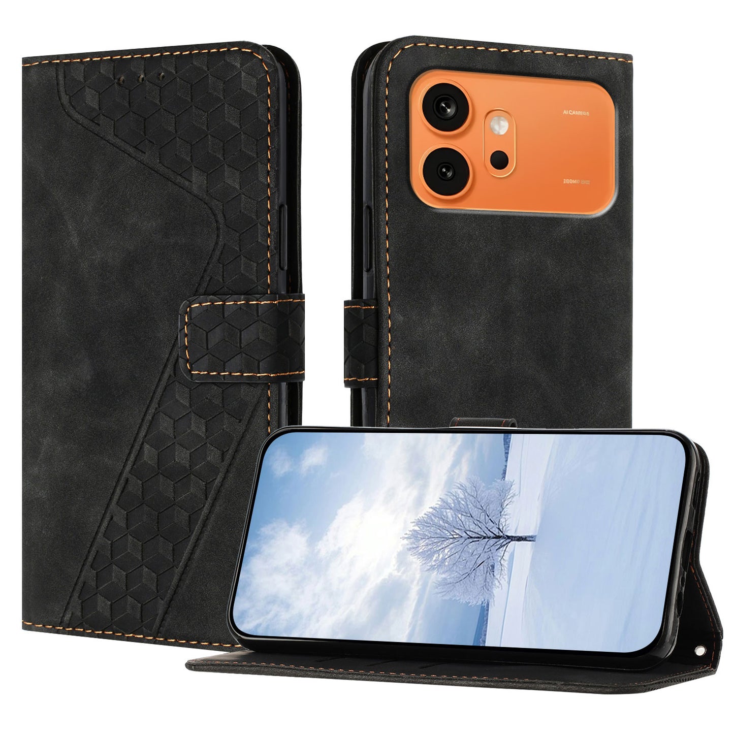 For Honor 600 5G Leather Case 7-Shaped Pattern Wallet Stand Shockproof Phone Cover
