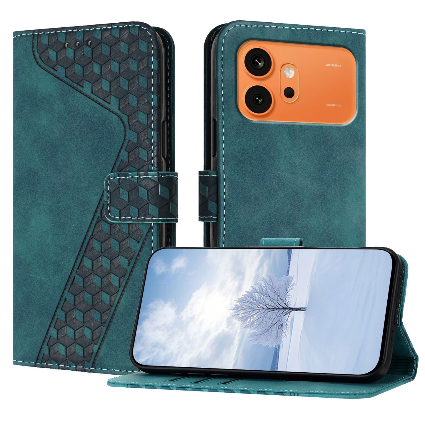 For Honor 600 5G Leather Case 7-Shaped Pattern Wallet Stand Shockproof Phone Cover