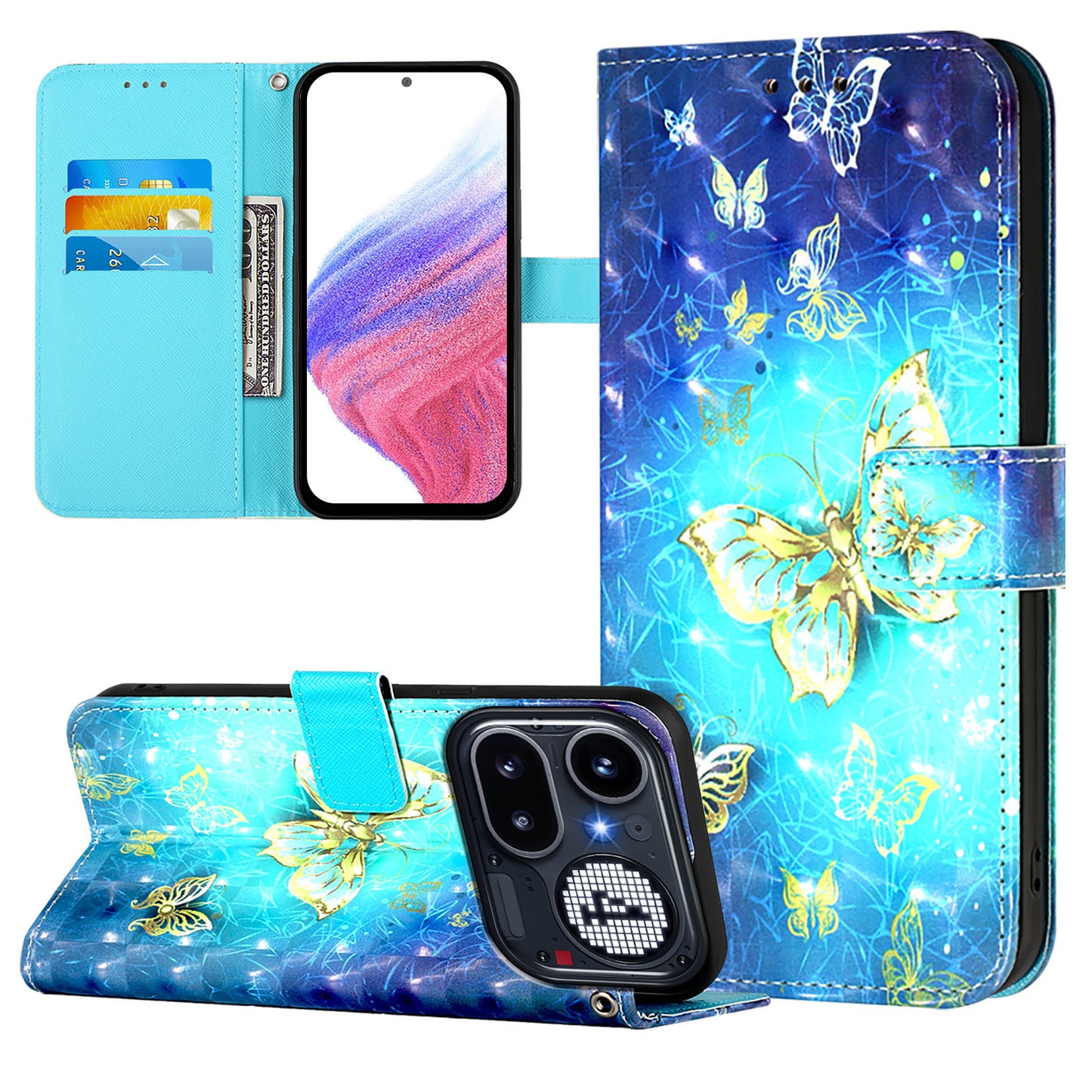 Nothing Phone (4a) Pro Wallet-Handyhülle – Aus Leder, mit 3D-Musterdruck, Brieftaschenfunktion, Ständer, mit Tragegurt